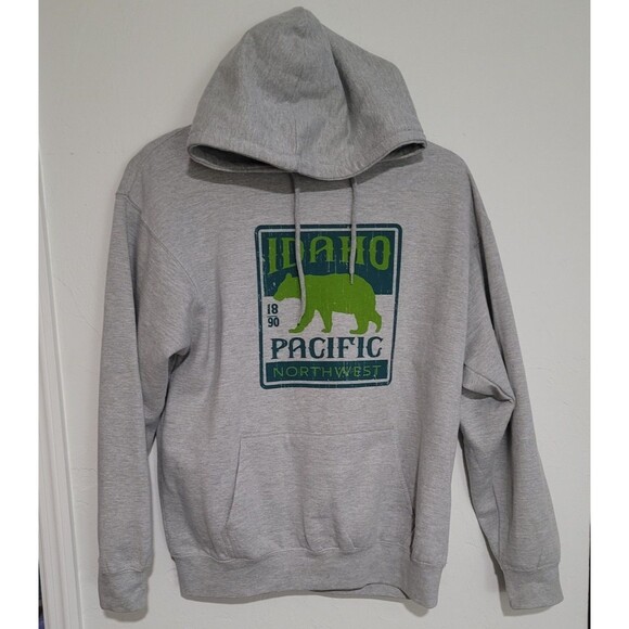 Grey Fleece Lined Hoodie Pacific Northwest Idaho Black Bear Graphic Men’s Large - Picture 1 of 5
